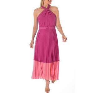 Taylor New Women's Belted Pleated Colorblock Twisted Halter Maxi Dress Hot Pink